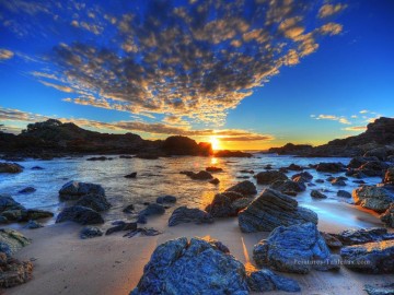 De Photos réalistes œuvres - Rocks sur Seashore Sunrise Seascape Peinture de Photos à Art